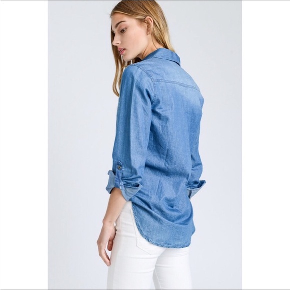 Denim Blue Cotton Tencel Button Down Shirt - Picture 4 of 9